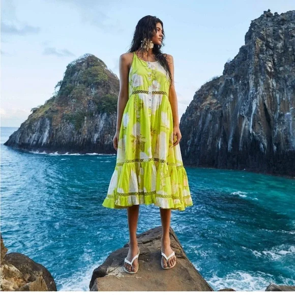 knee length dresses for ladies Yellow Floral Yard Lenzing Ecovero Euroflax Midi Dress  FARM Rio